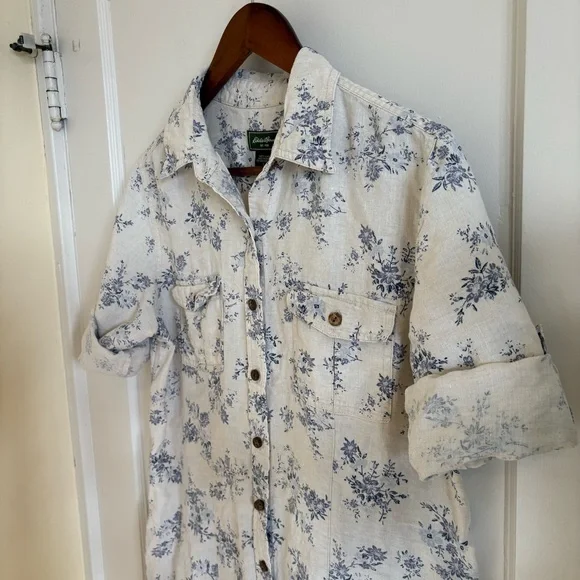 Eddie Bauer Prarie Linen Floral Shirt Dress  Cream & Blue 3/4 Sleeve Large - Picture 2 of 10
